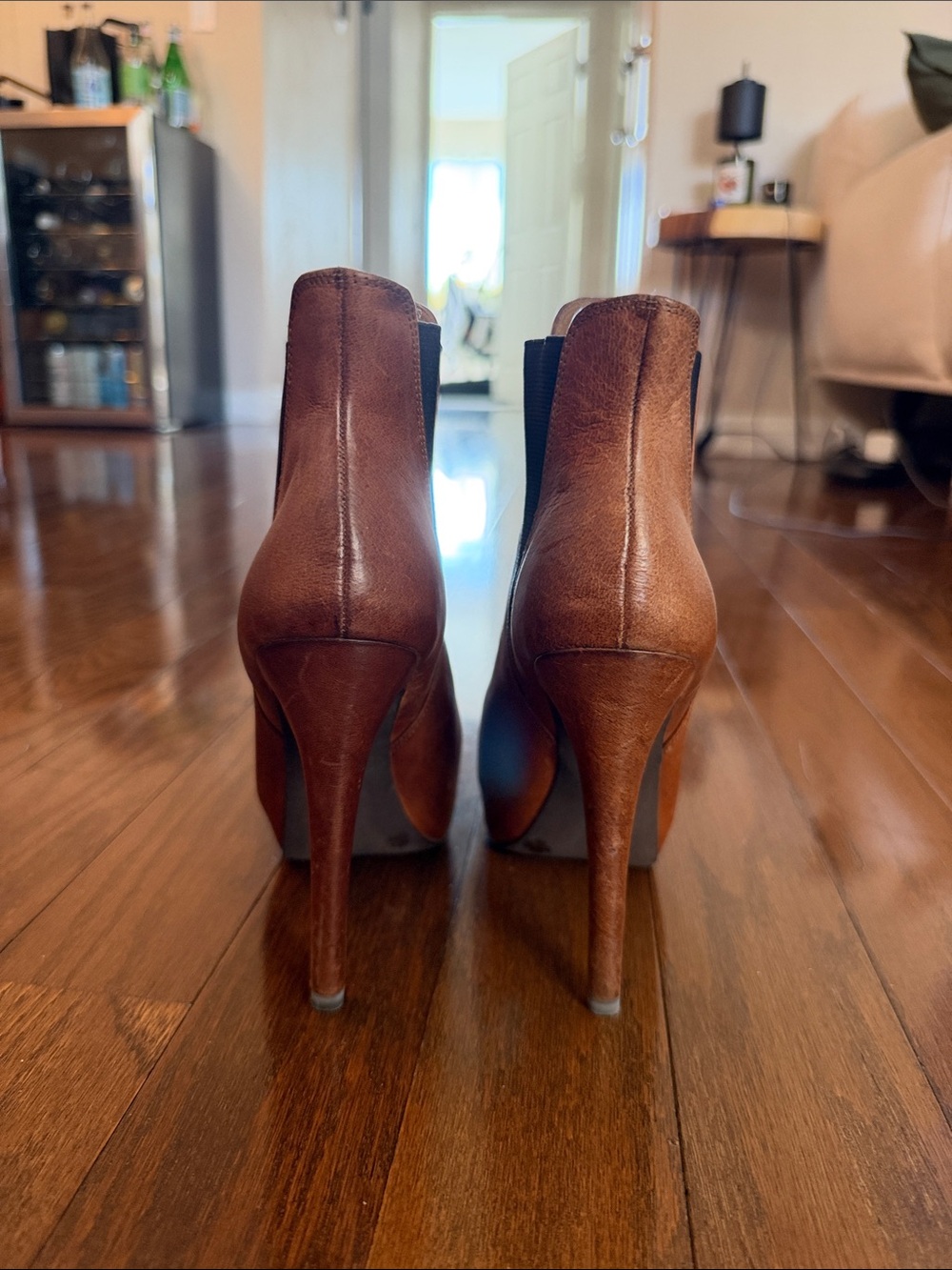 Jessica Simpson Tan Leather High Stiletto Ankle Booties with Black Stretch Panel - Picture 3 of 3